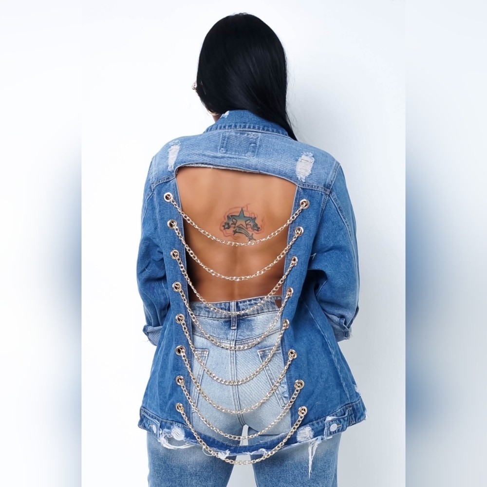 Open-Back Blue Denim Jacket with Chain Detail
